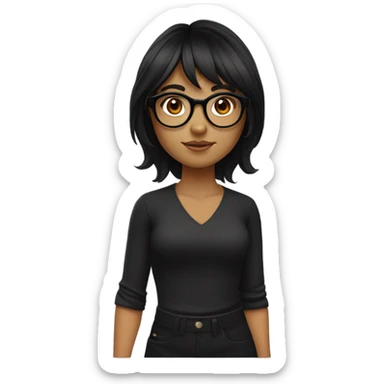 girl with slightly wavy black hair in layers has curtain bangs tanned skin brown eyes black circular glasses sticker