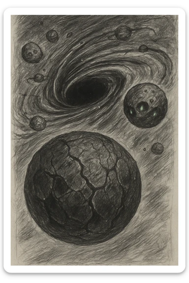 hand drawn map of dark back ward -“A dark cosmic region orbiting a massive black hole. No sunlight. A dead solar system with twisted planets and moons circling in silence. Monde Noir looms in the foreground — a cracked, obsidian planet with no atmosphere. Its moon, Oblieth, floats nearby, scarred and pitted, with faint green lights glowing from within cave openings. Stars are distorted and streaked by gravitational lensing. The entire scene is heavy, quiet, and surreal.” sticker