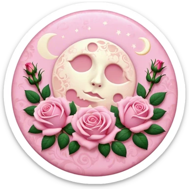 A round pink button with a light cream full damask moon and pink roses in the center sticker