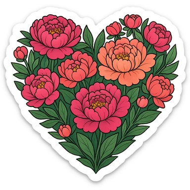 heart with a vibrant peony garden, clean digital illustration, remove background sticker