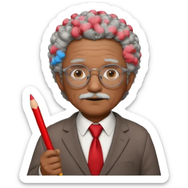 old man teacher, brown skin, curly grey white hai, wearing glasses, brown suit, red tie hold chalk on hand sticker
