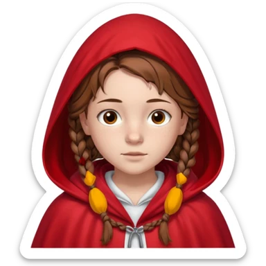 a 12 year old girl with fair skin, freckles, and brown hair done in French braids that come down to her breasts. she has a red hooded cape with the hood drawn. she has big, brown eyes and normal eyebrows sticker