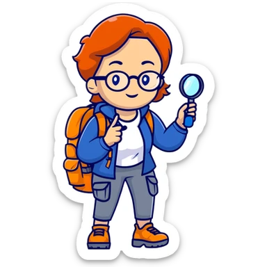 Colorful woman explorer in her 40s with glasses, dark blue and white hiking clothes, backpack, holding magnifying glass sticker