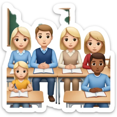 five caucasian people sitting together in classroom learning sticker
