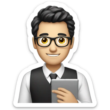 male virtual assistant with a smiling  holding a digital tablet or stylus wearing eye glasses black hair sticker