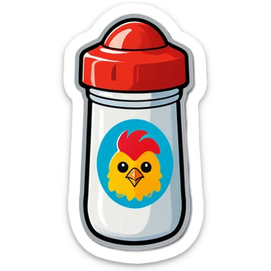 Salt shaker with chicken head on label sticker