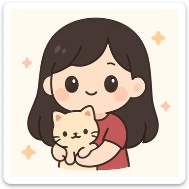 adorable girl with long black hair, maroon shirt, carrying a cat, kawaii style sticker