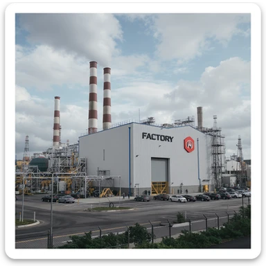 Realistic car factory exterior, large industrial building with smokestacks, parking lots filled with cars, factory grounds with machinery and equipment, realistic lighting and shadows, industrial atmosphere, workers in uniforms walking around, company logo on the building sticker