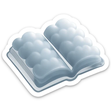 top view of a thick open book made entirely of small, very bright white fluffy convex clouds, matte glass style sticker