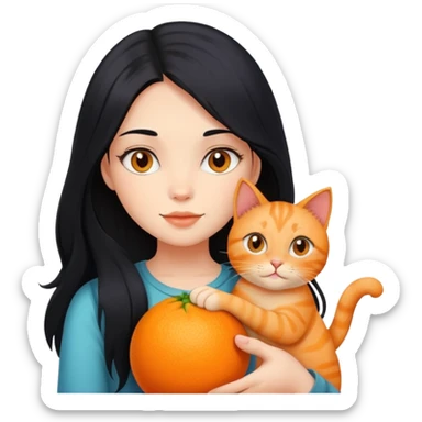 girl with long black hair holding an orange cat sticker