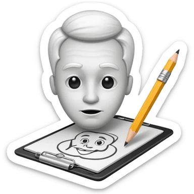 Create an icon representing the process of creating a black-and-white caricature. Include a pencil, a sketchpad with a humorous, exaggerated figure, and inking tools. Use bold lines and shading, with a transparent background. sticker