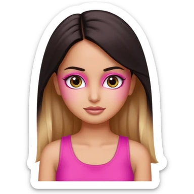 a pretty bratz emoji that looks like katrina kaif with straight side part hair wearing a neon pink sleeveless top sticker