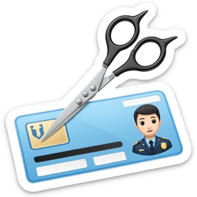 Floating black Scissors cutting a light blue idf ID card in 2 parts .hyper realistic sticker