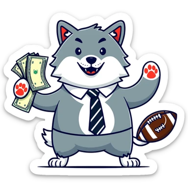 Wolf in football jersey and business tie throwing cash, stock market charts background sticker