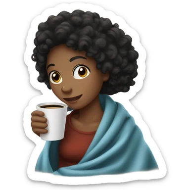 Girl with curly black hair, inside a blanket with a hoy coffee in her hand sticker