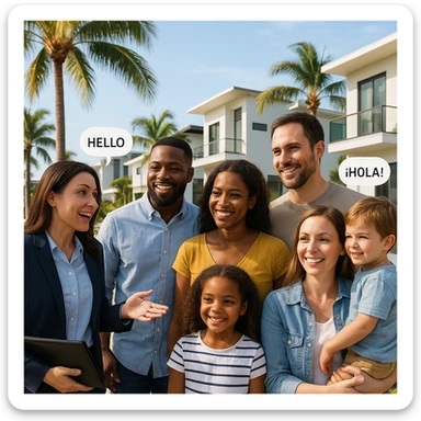 Foto hiper realista que refleje a nuestro cliente ideal de real estate: Profesionales y familias en transición Que desean mudarse a Miami o adquirir una segunda residencia, guiados por un equipo que habla su idioma —literal y figurativamente. sticker
