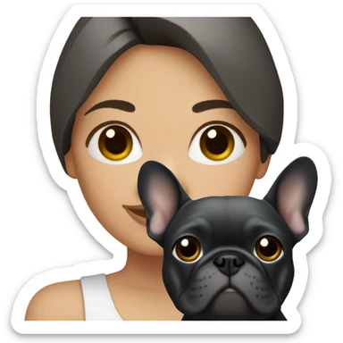 brunette woman holding dark grey French bulldog  sticker