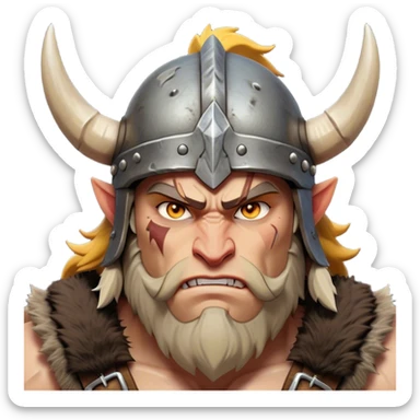 Clash of Clans aesthetic: Cinematic Fierce Barbarian Portrait Emoji, Poised and bold with a rugged yet cartoonish build in tattered furs and a horned helmet, expressive bright eyes and a confident smirk, Simplified yet dynamic features, highly detailed, glowing with a vivid, adventurous aura, high shine, heroic and spirited, stylized with an air of medieval warrior charm, focused and energetic, soft glowing outline, capturing the essence of a fearless barbarian adventurer ready to lead his clan with spirited valor! sticker