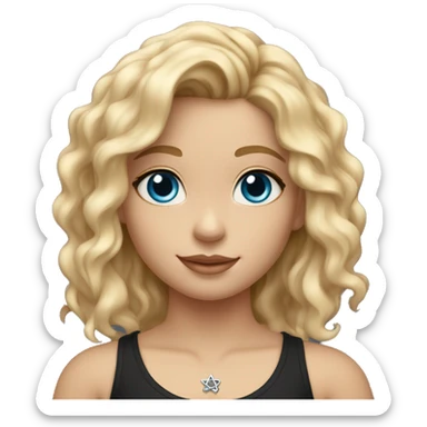 A girl with wavy blonde hair, blue eyes and a black tank top and a silver star of david necklace sticker