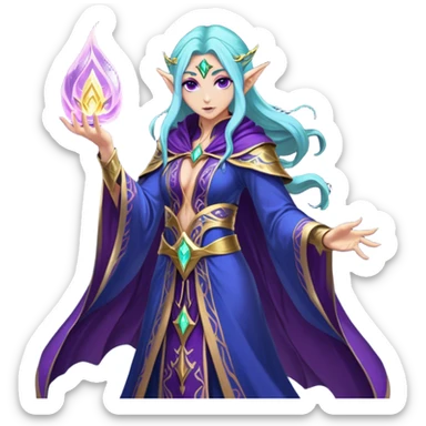 Cinematic Realistic WoW Elf Mage Portrait, captured in a dynamic, battle-ready stance, her graceful form exuding raw arcane energy. Her luminous skin and delicate features, set against an intricately detailed robe in consistent deep blues and purples with golden accents, are rendered with lifelike texture and dynamic, magical lighting, high shine, fierce and commanding, embodying the relentless spirit of an elven sorceress mid-spell. sticker