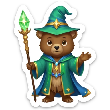 A young bear wizard with a glowing green spell, golden staff and starry blue robes sticker