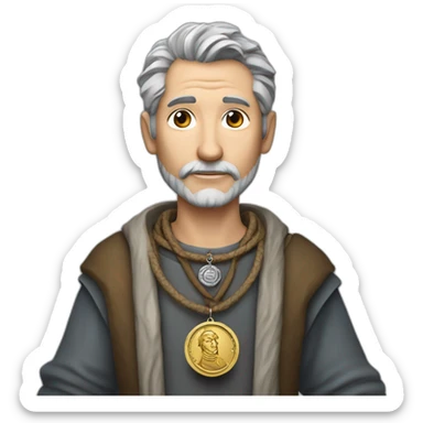 medieval coin engravers guild leader, 50 years old, grey hair, bust, has a necklace with a coin, has a coin in one hand sticker