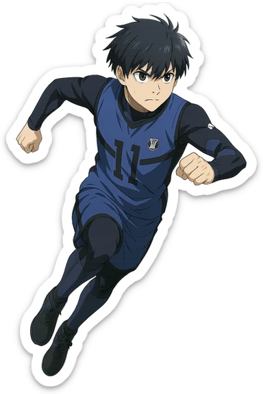 Yoichi Isagi from Blue Lock, anime style, blue hair, determined expression, soccer uniform, dynamic pose, no background sticker