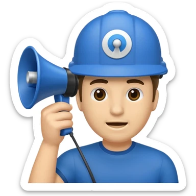 Um homem com capacete azul segurando um megafone sticker