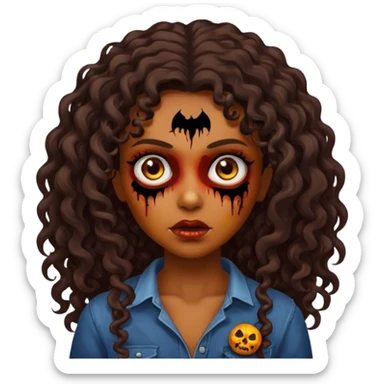 menina morena, cabelo cacheado longo e castanho escuro com rosto de zumbi. sticker