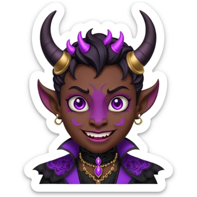 devil emoji in gothic style with black and purple colors, small horns, mysterious grin, Victorian influence sticker