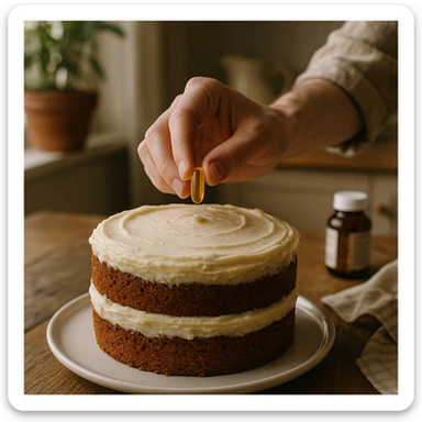 realistic style, a hand adding a supplement capsule as the final touch on a cake, creative atmosphere, realistic details, home environment sticker