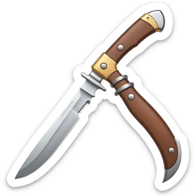 minimalist emoji-style crysknife, curved worm tooth blade, metallic gleam, fine cracks, leather-wrapped handle, warm light, bold and sharp sticker