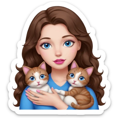 girl with long wavy brown hair, blue eyes, long lashes makeup, sexy pink lips, cuddling with 6 cats sticker