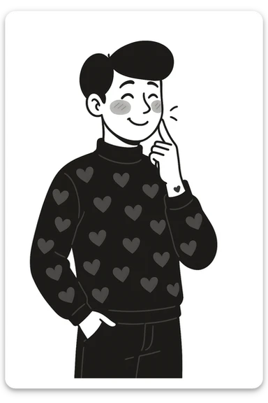 Make the handsome black-haired guy smile more, keeping his dreamy, flushed look and subtle romantic hints that his boyfriend is the cause of his low blood pressure. sticker