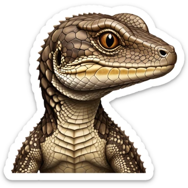 Cinematic Noble brown camo spotted monitor Lizard Portrait Emoji, Poised and regal, with a robust, scaled body exhibiting striking, mottled patterns and piercing, alert eyes, Simplified yet sharp and sophisticated features, highly detailed, glowing with a soft, earthy glow, high shine, intelligent and formidable, stylized with an air of ancient wilderness, focused and commanding, soft glowing outline, capturing the essence of a watchful and confident reptilian guardian that appears ready to stride out of the screen with effortless authority! sticker