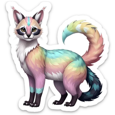 Colorful dark tropical feathery tribal pale light fruity pastel white glorious iridescent divine exotic cute cool beautiful beautiful fantasy-caracal-civet-genet-sergal-vernid-Gryphon-Cacomistle-Trico-oncilla-animal-Fakémon-hybrid-fursona (full body) sticker