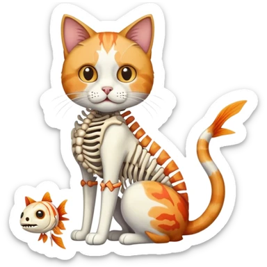 cat full body sitting with fish skeleton in mouth sticker