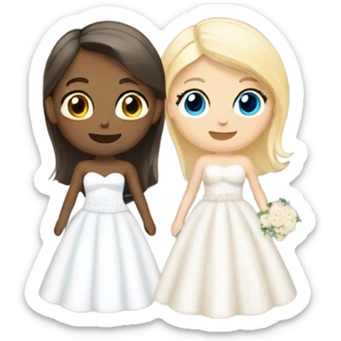 two girls at a wedding one blonde one brunette one wearing a wedding dress sticker