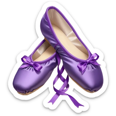 cinematic-realistic-ballet-shoes,-soft-satin-purple-pointe-shoes-with-delicate-ribbons,-resting-gently-on-a-polished-wooden-floor,-subtle-creases-in-the-fabric,-glowing-under-the-warm-golden-light-of-a-rehearsal-studio,-evoking-ele sticker