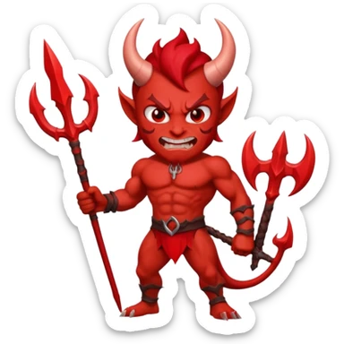 Emoji-style devil: red skin, horns, muscular body, red trident, angry face, sticker
