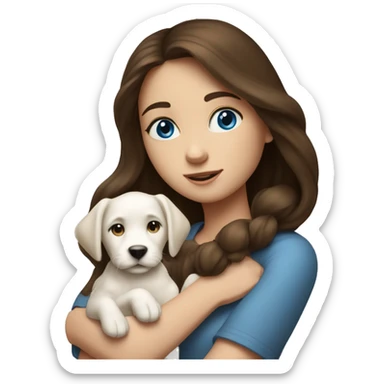 brunette girl with blue eyes holds a puppy of a very long white dog in her arms sticker