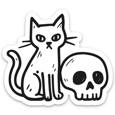 black cat sitting next to a skull, hand-drawn sketch line art style sticker