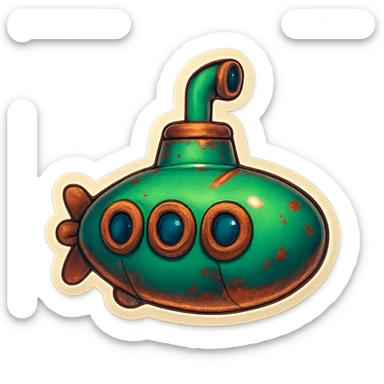 A submarine icon in a retro style, with a green body, rust details, and a vintage periscope on top. sticker