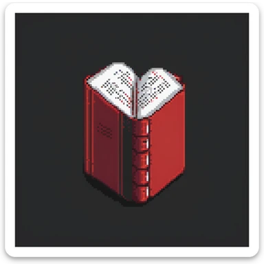 pixel art floating red book with pages turning, dark background sticker