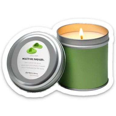 realistic, lit matcha scented candle, silver tin, small white label, text sticker
