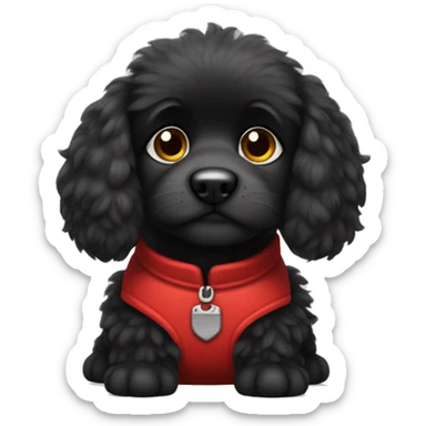 solid black fluffy puppy wearing red vest sticker