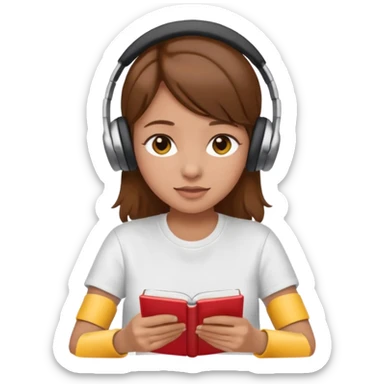 brown-haired girl wearing white t-shirt, headphones, studying, apple emoji style, no background, no text sticker