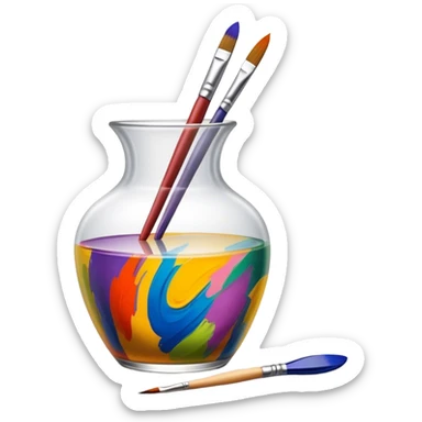 Glass painting icon, colorful brushstrokes on a glass vase, intricate painted patterns on the surface, visible fine paintbrush and palette beside it, no liquid inside the vase, minimalistic style, clean lines, transparent background. sticker