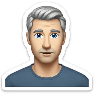 Scandinavian man, age in 40s, blue eyes, dark grey hair, short hair on the sides, more hair on the top large lips, slim face, dark tshirt, light eyebrows, no beard sticker