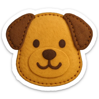 <StylePrompt>
  <Name>Felt Appliqué Plush Style</Name>
  <Description>A soft, handcrafted look inspired by plush felt fabric with visible stitching and a padded 3D texture, rendered on a solid black background.</Description>
  <VisualProperties>
    <Material>Felt</Material>
    <Texture>Soft, fuzzy, with slight fiber detail</Texture>
    <Stitching>
      <Type>Thick thread</Type>
      <Color>Orange or slightly darker tone than fabric</Color>
      <Pattern>Uniform running stitch along outer edge</Pattern>
    </Stitching>
    <Padding>High, plush-like 3D depth</Padding>
    <Edges>Rounded corners</Edges>
    <ColorPalette>
      <Primary>Warm yellow/orange tones</Primary>
      <Accent>Brown or dark orange for facial features and outline</Accent>
      <Background>Black</Background>
    </ColorPalette>
  </VisualProperties>
  <Rendering>
    <Lighting>Soft, even studio lighting</Lighting>
    <Shadows>Subtle drop shadows for depth</Shadows>
    <Perspective>Flat front-facing, symmetrical if applicable</Perspective>
  </Rendering>
  <Applicability>
    <SubjectType>Any object, animal, or letterform</SubjectType>
    <OutputFormat>Icon, emoji, patch-style graphic</OutputFormat>
  </Applicability>
</StylePrompt>

{subject} = dog sticker